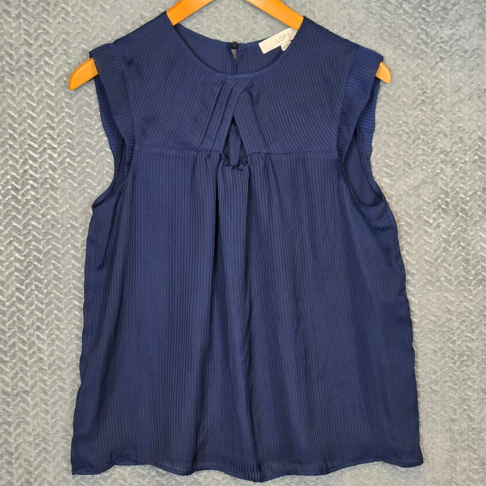 LOFT Womens Navy Blue Shadow Stripe‎ Twisted Keyhole Sleeveless Blouse Size M